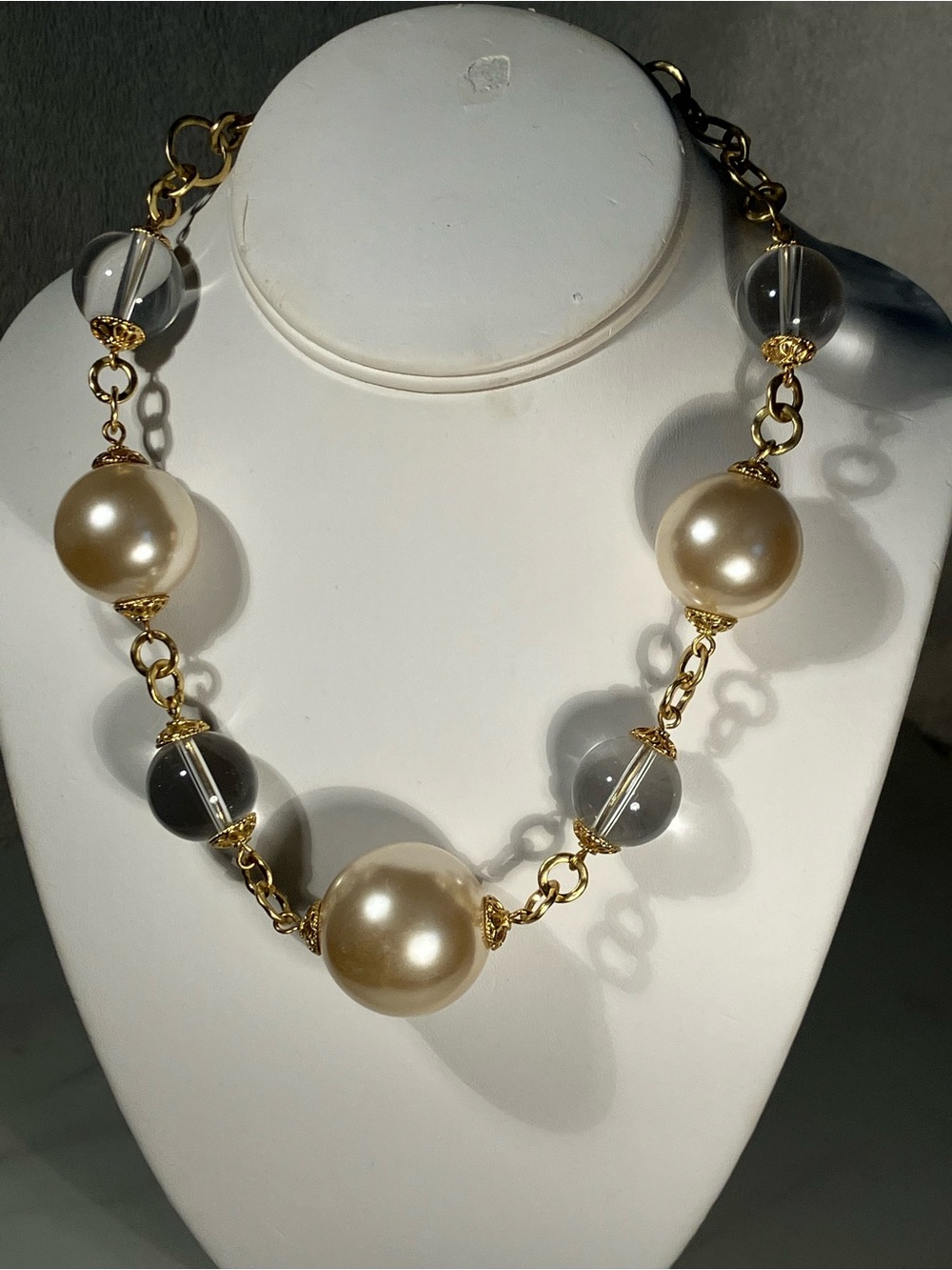 ‘High Fashion’ Faux Pearl & Clear Bead Statement Necklace - Cream/Gold